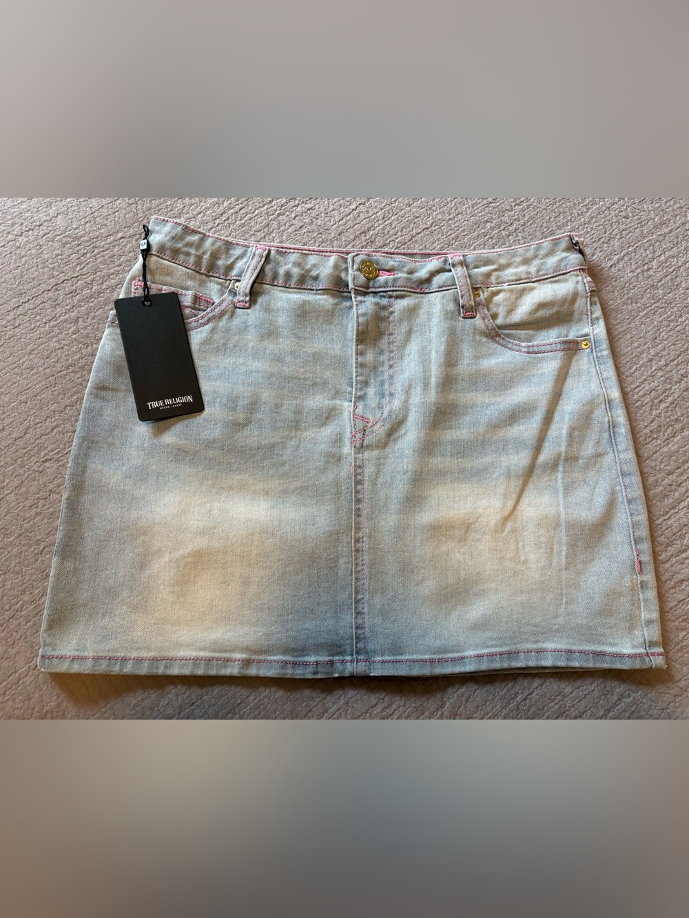 True Religion Light Blue Denim Mini Skirt with Pink Stitching